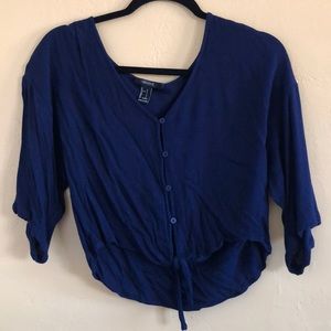 Blue, button up, mid length sleeve, crop top.
